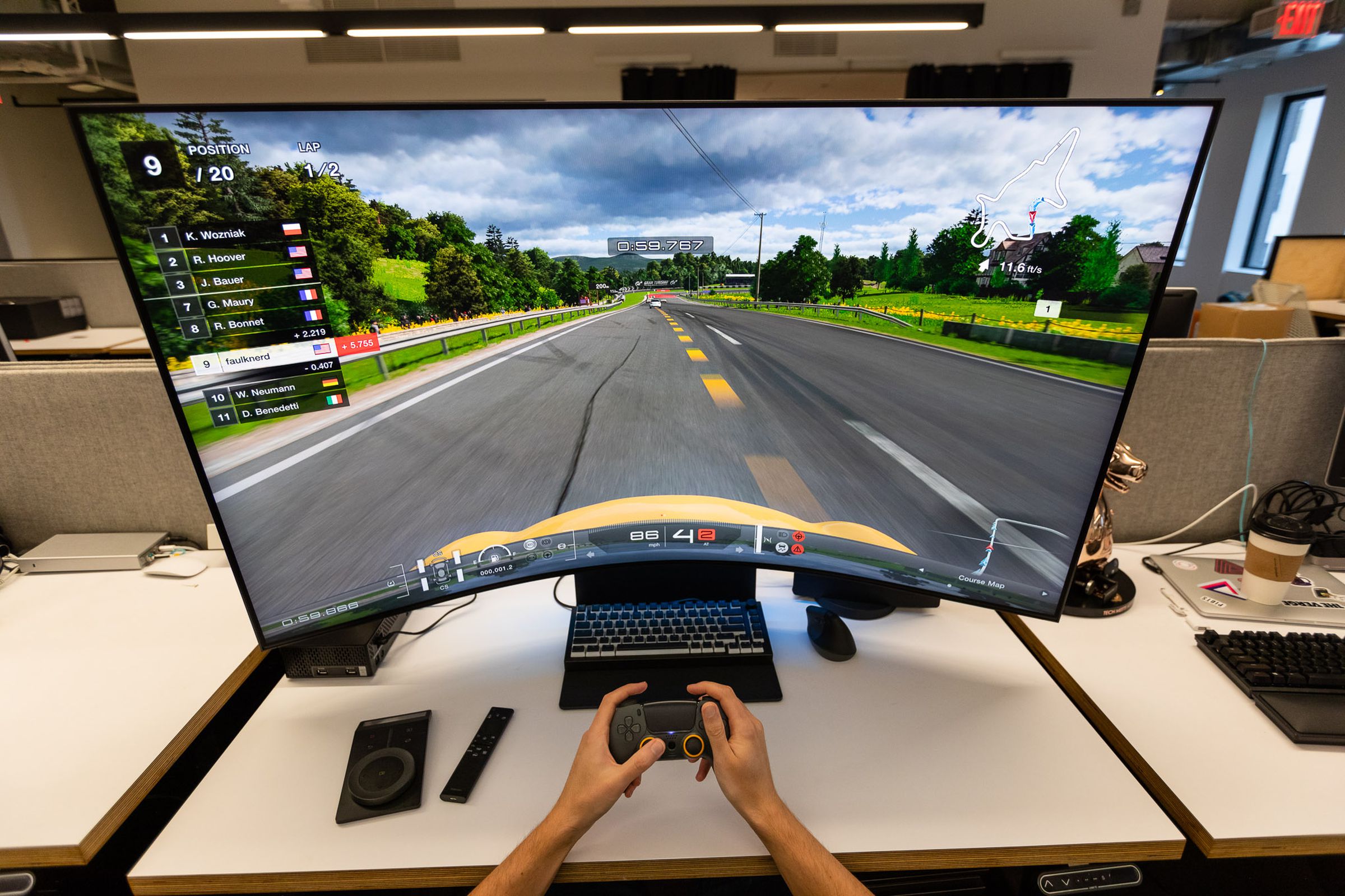 Gran Turismo 7 displaying on the Samsung Odyssey Ark gaming monitor.