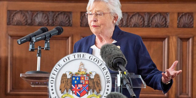 Gov. Kay Ivey takes questions from reporters during a press conference at the Alabama State Capitol Building in Montgomery, Ala., on Wednesday, April 7, 2021.