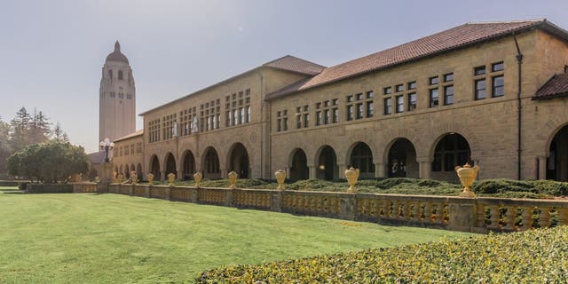 A general view of the buildings of the Main Quadrangle and Hoover Tower on the campus of Stanford University before a college football game against the Oregon Ducks on October 2, 2021 played at Stanford Stadium in Palo Alto, California.