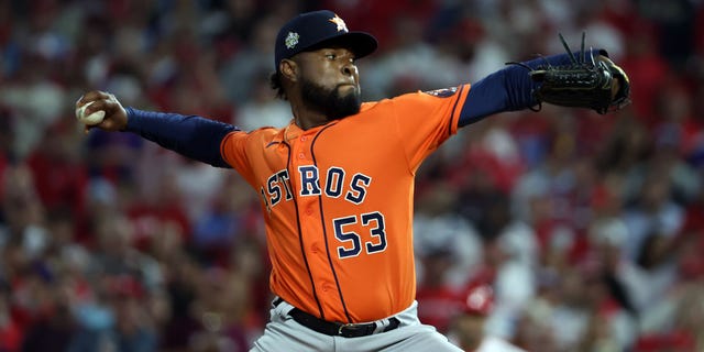 Cristian Javier #53 of the Houston Astros delivers a pitch against the Philadelphia Phillies during the first inning in Game Four of the 2022 World Series at Citizens Bank Park on November 02, 2022, in Philadelphia, Pennsylvania. 