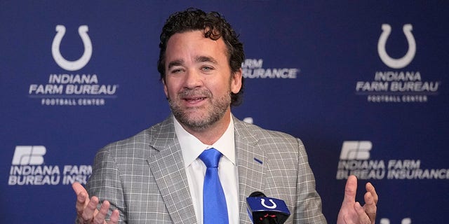 Indianapolis Colts interim coach Jeff Saturday speaks during a news conference at the team's practice facility, Nov. 7, 2022, in Indianapolis.