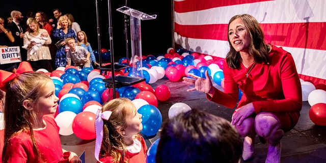 Katie Britt greets young people in the audience at her election-night watch party Tuesday, Nov. 8, 2022, in Montgomery, Ala.