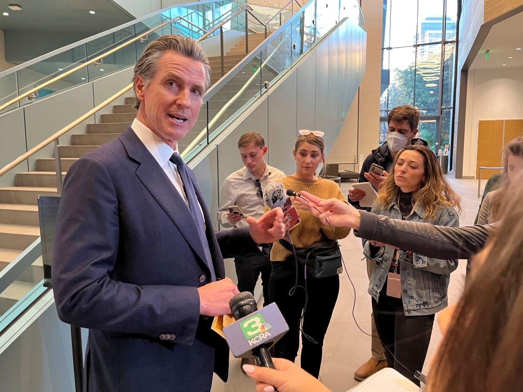 Gov. Newsom, speaking to reporters on Friday, after he announced his agreement to release $1 billion for homelessness.