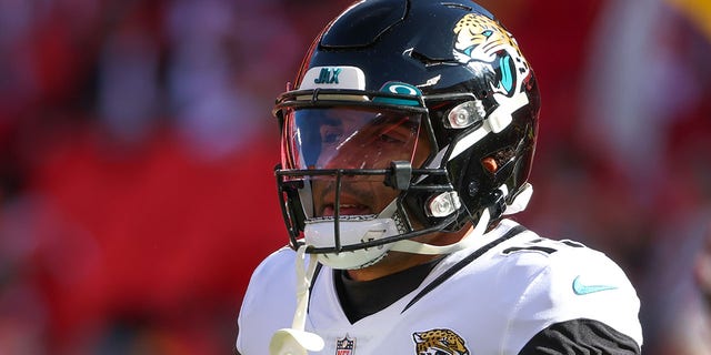 Jacksonville Jaguars wide receiver Christian Kirk, #13, before an NFL game between the Jacksonville Jaguars and Kansas City Chiefs on Nov. 13, 2022 at GEHA Field at Arrowhead Stadium in Kansas City, Missouri. 