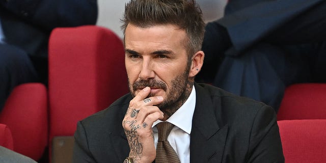 Former England player David Beckham attends the World Cup Group B football match between England and Iran in Doha, Qatar, on Nov. 21, 2022.