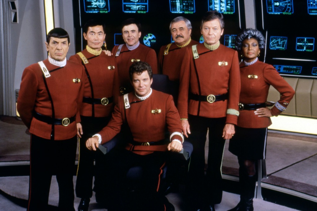 American actors Leonard Nimoy, George Takei, Walter Koenig, DeForest Kelley, Nichelle Nichols, and Canadian William Shatner on the set of Star Trek V: The Final Frontier (Photo by Paramount Pictures/Sunset Boulevard/Corbis via Getty Images)