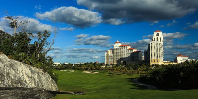 A general view of the 405 yards par 4, 13th hole at Royal Blue, The Golf Club at Baha Mar on November 29, 2018 in Nassau, Bahamas.