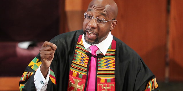 Rev. Raphael G. Warnock delivers the eulogy for Rayshard Brooks at his funeral in Ebenezer Baptist Church on June 23, 2020, in Atlanta, Georgia.