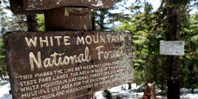 FILE - A view of a trail sign White Mountain National Forest on May 02, 2020 in Franconia, New Hampshire.