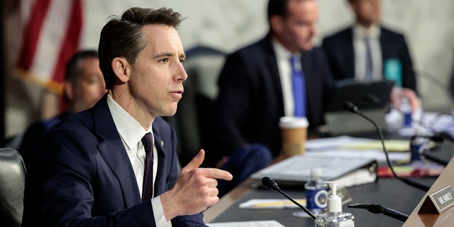 Sen. Josh Hawley, R-Missouri, speaks during a Senate Judiciary Committee on Capitol Hill.