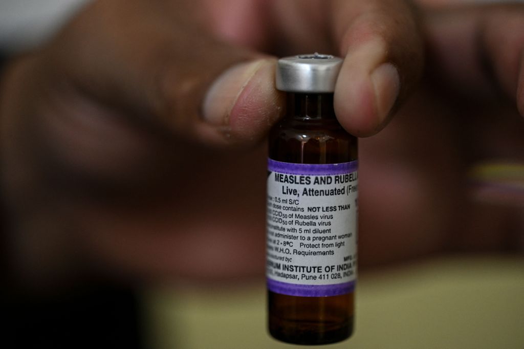 A vial of the measles/rubella vaccine.