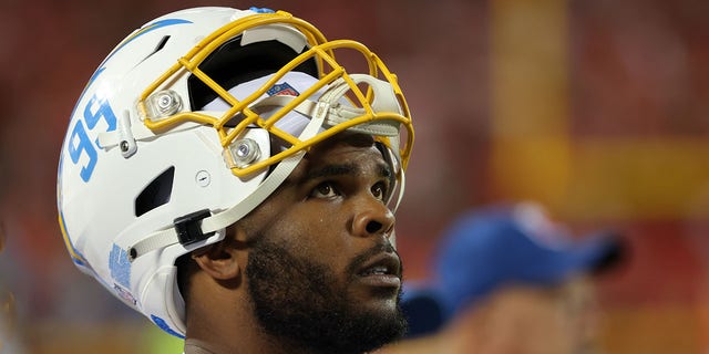 Los Angeles Chargers defensive tackle Jerry Tillery (99) during an NFL game between the Los Angeles Chargers and Kansas City Chiefs on September 15, 2022 at GEHA Field at Arrowhead Stadium in Kansas City, MO. 