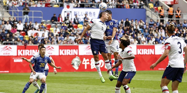 (lr) Yuta Nakayama of Japan, Aaron Long of United States men's national team, Wataru Endo of Japan, Weston McKennie of United States men's national team during the Japan vs. United States International Friendly at Dusseldorf Arena on September 23, 2022 in Dusseldorf, Germany.