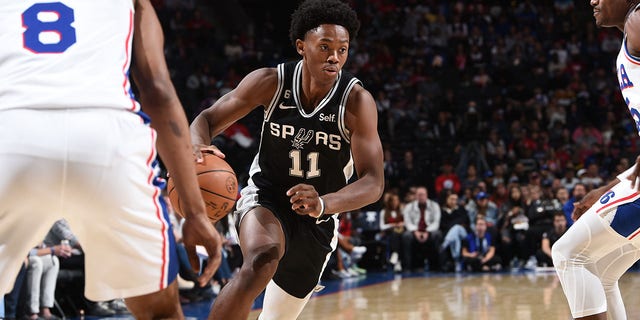 Joshua Primo of the San Antonio Spurs drives to the basket during a game against the Philadelphia 76ers Oct. 22, 2022, at the Wells Fargo Center in Philadelphia.