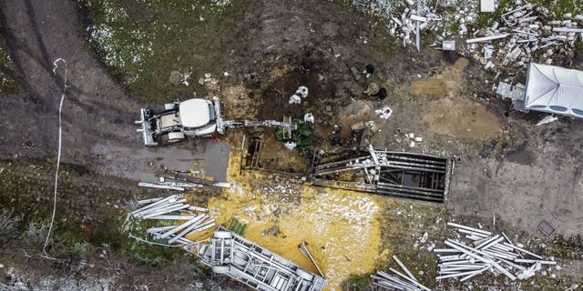 Aerial view taken on Nov. 17, 2022, shows the site where a missile strike killed two men in the eastern Poland village of Przewodow, near the border with war-ravaged Ukraine on Nov. 15, 2022.