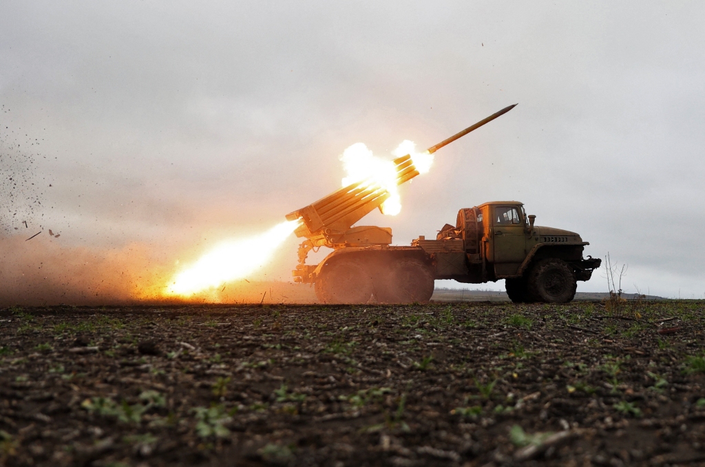 A BM-21 'Grad' multiple rocket launcher fires towards Russian positions on the front line near Bakhmut, Donetsk region, on November 27, 2022.