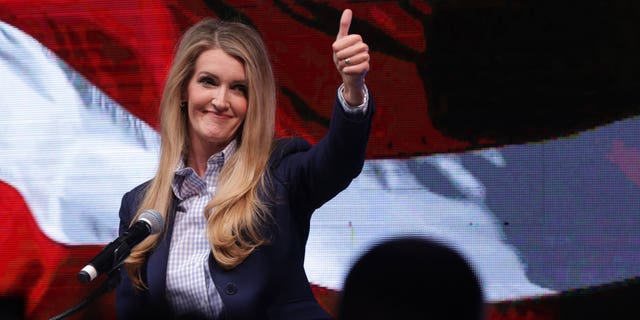 Then-Sen. Kelly Loeffler, R-Ga., gestures as she speaks during a runoff election night party, Jan. 6, 2021, in Atlanta.