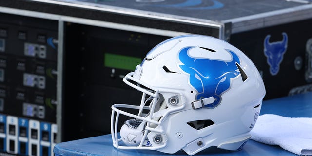 A view of a Buffalo Bulls players helmet on the bench during a game against the Coastal Carolina Chanticleers at UB Stadium on Sept. 18, 2021 in Buffalo, New York. 