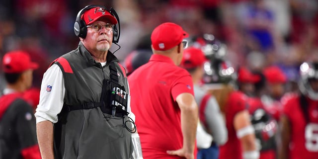 Head coach Bruce Arians of the Tampa Bay Buccaneers looks on against the Buffalo Bills during the third quarter at Raymond James Stadium Dec. 12, 2021, in Tampa, Fla. 