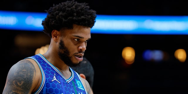 Miles Bridges of the Charlotte Hornets reacts during the second half against the Atlanta Hawks at State Farm Arena April 13, 2022, in Atlanta. 