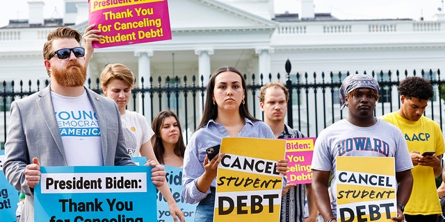 Student loan borrowers stage a rally in front of The White House to celebrate President Biden cancelling student debt and to begin the fight to cancel any remaining debt on August 25, 2022 in Washington, DC.