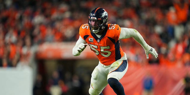 Bradley Chubb of the Broncos defends against the Indianapolis Colts at Empower Field at Mile High on Oct. 6, 2022, in Denver.