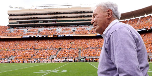 Lee Corso on the sidelines at Neyland Stadium during a game between the Tennessee Volunteers and the Alabama Crimson Tide Oct. 15, 2022, in Knoxville, Tenn. Tennessee won the game 52-49. 