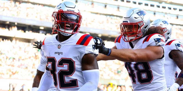 Devin McCourty #32 of the New England Patriots celebrates an interception during the second half against the New York Jets at MetLife Stadium on October 30, 2022 in East Rutherford, New Jersey. 