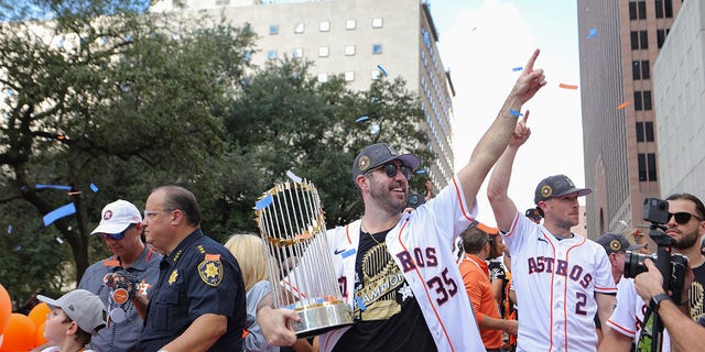 Justin Verlander of the Astros participates in the World Series parade on Nov, 7, 2022, in Houston, Texas.