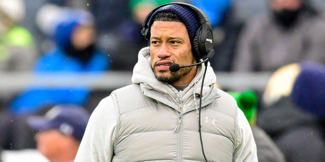 Head coach Marcus Freeman of the Notre Dame Fighting Irish looks on in the first half against the Boston College Eagles at Notre Dame Stadium Nov. 19, 2022, in South Bend, Ind. 