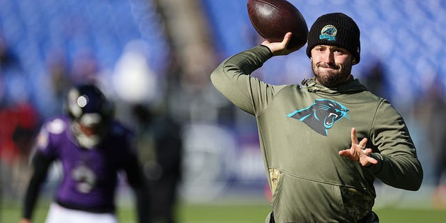 Baker Mayfield, #6 of the Carolina Panthers, throws the ball before the game against the Baltimore Ravens at M&amp;T Bank Stadium on Nov. 20, 2022 in Baltimore.