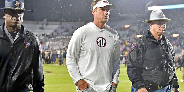 Head coach Lane Kiffin of the Mississippi Rebels looks on after the game against the Mississippi State Bulldogs at Vaught-Hemingway Stadium on November 24, 2022, in Oxford, Mississippi. 