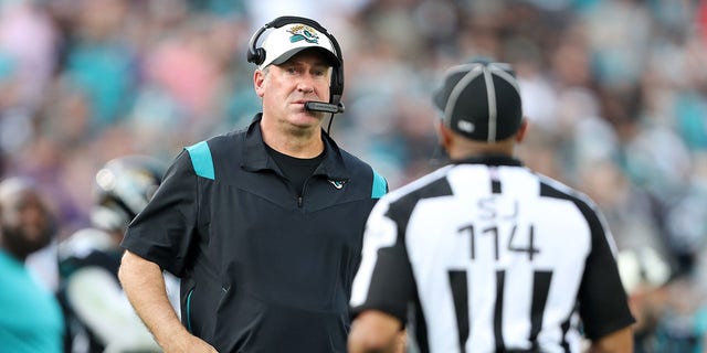 Head coach Doug Pederson of the Jacksonville Jaguars on the sidelines during the fourth quarter in the game against the Baltimore Ravens at TIAA Bank Field on November 27, 2022 in Jacksonville, Florida. 