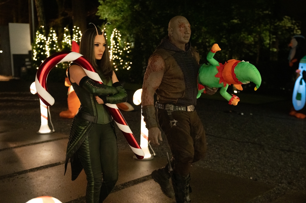 Mantis (Pom Klementieff) and Drax (Dave Bautista) make an uninvited visit to Kevin Bacon's home in "The Guardians of the Galaxy Holiday Special."