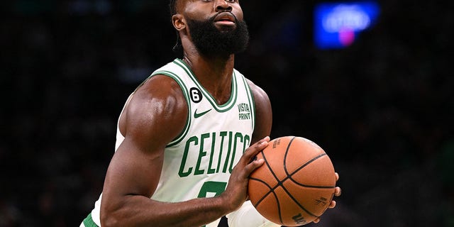 Boston Celtics guard Jaylen Brown attempts a free throw against the Oklahoma City Thunder during the first half at TD Garden in Boston, Nov. 14, 2022.