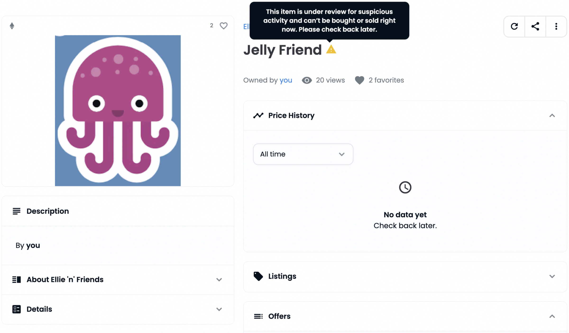 Screenshot of an NFT with the warning: “This item is under review for suspicious activity and can’t be bought or sold right now. Please check back later.”