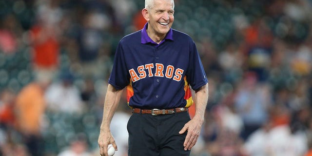 Jim McIngvale smiles before throwing a ceremonial first pitch prior to the game between the Houston Astros and New York Yankees at Minute Maid Park on April 9, 2019, in Houston.