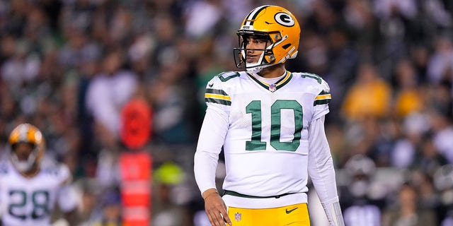 Green Bay Packers quarterback Jordan Love looks on during the second half of an NFL football game against the Philadelphia Eagles, Sunday, Nov. 27, 2022, in Philadelphia.