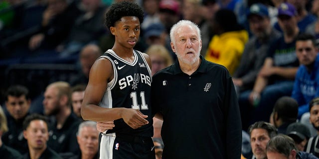 San Antonio Spurs guard Joshua Primo (11) and head coach Gregg Popovich watch play during the first half against the Minnesota Timberwolves, Oct. 24, 2022, in Minneapolis.