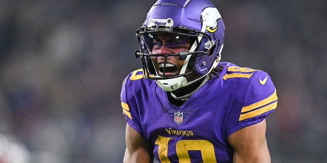 Minnesota Vikings wide receiver Justin Jefferson, #18, reacts after a catch against the New England Patriots during the fourth quarter at U.S. Bank Stadium in Minneapolis Nov. 24, 2022.