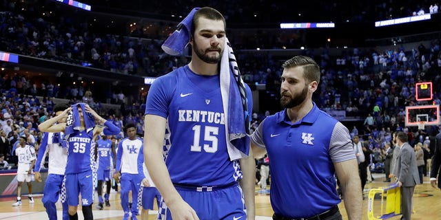 Kentucky's Isaac Humphries (15) leaves the court after Kentucky lost to North Carolina 75-73 in the South Regional final game in the NCAA college basketball tournament on March 26, 2017, in Memphis, Tenn. Melbourne United starting center Isaac Humphries has announced that he is gay and said he hopes his decision to publicly announce his sexuality will lead to more professional sportsmen doing the same.