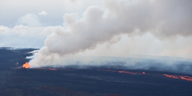 HAWAII, UNITED STATES - NOVEMBER 29: A view from Mauna Loa, the world's largest active volcano, began to erupt overnight, prompting authorities to open shelters "as a precaution" on November 29, 2022. in Hawaii, United States. 