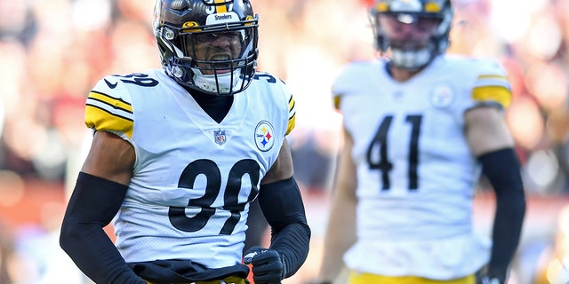 Minkah Fitzpatrick (39) of the Pittsburgh Steelers celebrates a stop on fourth down during the second half against the Cleveland Browns at FirstEnergy Stadium Oct. 31, 2021, in Cleveland.