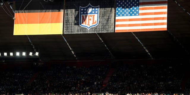 The German and the U.S. flags are displayed over Allianz Arena before the Tampa Bay Buccaneers took on the Seattle Seahawks in Munich, Germany, Sunday, Nov. 13, 2022.