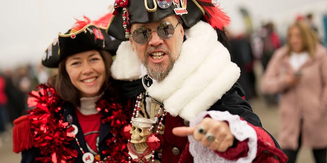 Fans of the Buccaneers dress up for the match between Tampa Bay and Seattle in Munich, Germany, Sunday, Nov. 13, 2022.