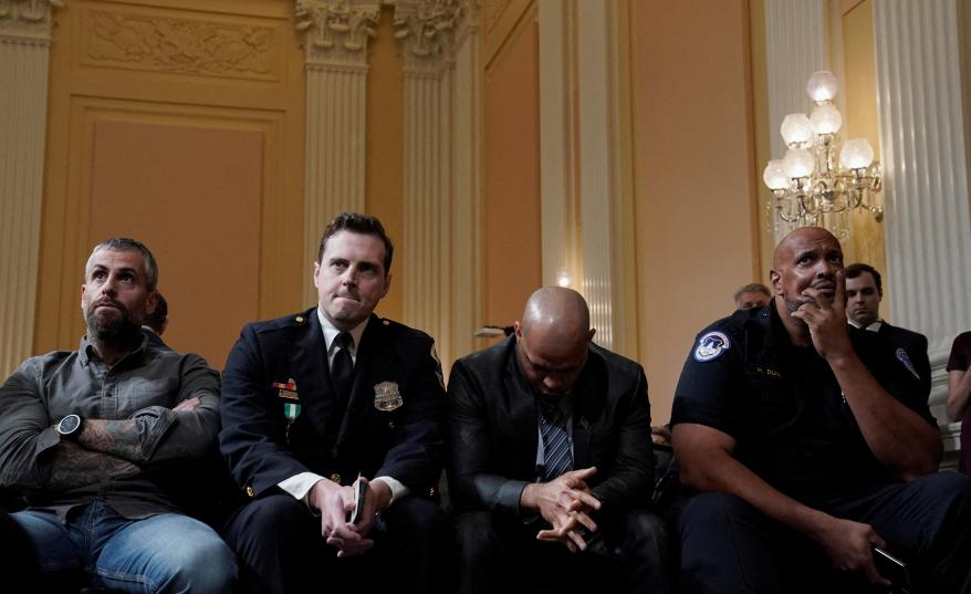 Police officers who fought rioters during the Jan. 6 attack listen during a public hearing of the U.S. House Select Committee to investigate the riot on Capitol Hill in Washington, U.S.