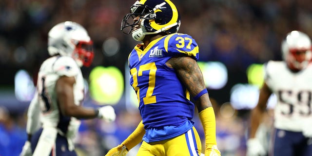 Sam Shields of the Los Angeles Rams reacts against the New England Patriots in the first quarter during Super Bowl LIII at Mercedes-Benz Stadium Feb 3, 2019, in Atlanta.