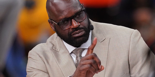 Jun 5, 2022; San Francisco, California, USA; NBA analyst and former player Shaquille O'Neal speaks before the game between the Golden State Warriors and the Boston Celtics during game two of the 2022 NBA Finals at Chase Center.