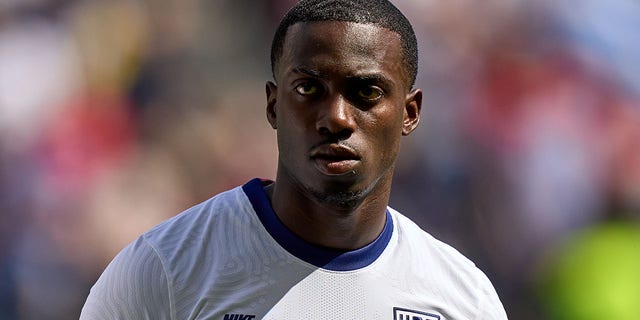 Tim Weah #21 of the United States before a game between Uruguay and USMNT at Children's Mercy Park on June 5, 2022 in Kansas City, Kansas.