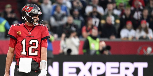 Tampa Bay Buccaneers quarterback Tom Brady looks on during the game against the Seattle Seahawks at Allianz Arena on Nov. 13, 2022, in Munich, Germany.